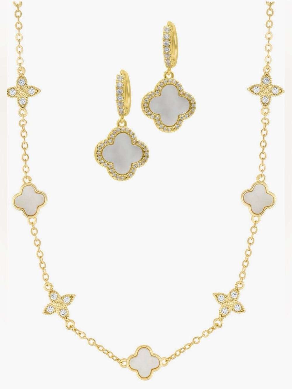 14K Gold-Plated Clover Jewelry Set | Drop Earrings & Station Necklace | New 🤍✨